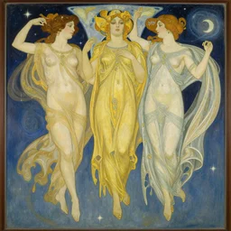 highly detailed art deco painting of gemini goddesses fully clothed in celestial gowns floating in space by tamara de lempicka