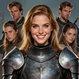 gordon freeman as an attractive young smiling woman dressed as a knight, face portrait, hd shot, digital portrait, beautiful, fantasy art, artstation, comic style, by artgerm, guy denning, jakub rozalski, magali villeneuve and charlie bowater