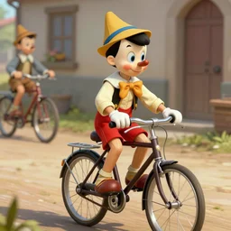 Pinocchio and Geppetto riding bikes in the early 20th century, Realistic, 4k Resolution, 8k Resolution, Detailed, Very Detailed, Highly Detailed, HD Quality, Digital Art, Trending on Artstation
