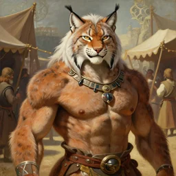 An award winning oil painting of upper body of a cool looking and happy muscular lynx beast-man with white mane and brown body fur wearing tribal clothing at a bustling medieval market. Renaissance style lighting. Yoshitaka Amano. Trending on artstation