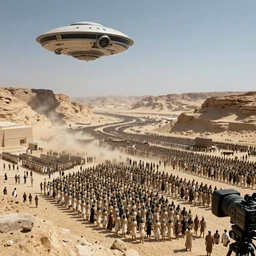 massive Egyptians army 3000 BC gathering on valley of Osiris, camera in high sky, epic, legendary, extremely detailed 8K, style of artgem, wide view :: high tech alien space ship in high atmosphere