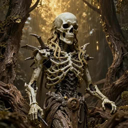 portrait photo of a surreal god of death in the middle of a ancient wood, gold raining in the background, ultra super good realistic 3D render by Pete Morbacher and Emil Melmoth, insanely detailed, trending on artstation, sharp focus