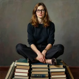 a woman with light brown hair and glasses sits cross legged on top of a tall pile of books. beautiful painting by norman rockwell and raymond swanland, beautiful detailed face.