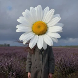 portrait, gigantic daisy flower head, a girl wearing coat in heather field, surreal photography, wind and cold, dramatic sky, impressionist painting, digital painting, artstation, simon stalenhag