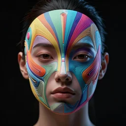 woman face fully masked with colorful geometric patterns, futuristic, intricate, volumetric dramatic light, dark black background, sharp focus, highly realistic, octane render, art by greg rutsowski