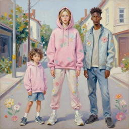 painting by martine johanna of 2 5 yo hunter schafer wearing a hoodie standing in a township street in the style of stefan kostic, street clothing, haute couture! fashion!, full figure painting by tom bagshaw, tara mcpherson, david choe, decorative flowers, detailed painterly impasto brushwork, pastel color palette, die antwoord