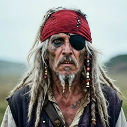 photo portrait | white hair | very old and rugged | dirty very skinny pirate | tattoos on face | long white dreadlock hair | crooked teeth | wearing a red headband and black hat | one eyepatch | very detailed photo | sigma lens 70mm