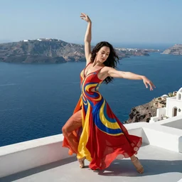 Nicolas Cage as a beautiful modern dancer wearing a red, yellow, blue swirling dress, standing on a Santorini terrace looking down into the ocean, trending on artstation, cinematic, photorealistic