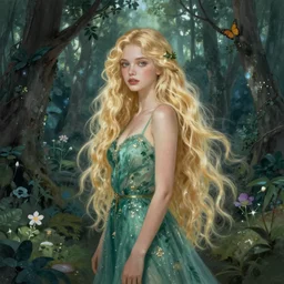 “sensual fairy, blondhair, long hair, magical forest, artwork”