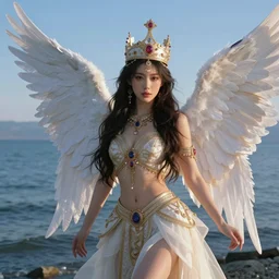 beautiful asian mongolian princess goddess with angelic wings in a sensual pose, princess wearing a crown with gemstones, near lake baikal, atmospheric lighting, intricate, volumetric lighting, beautiful, sharp focus, ultra detailed, in the art style of bagshaw tom