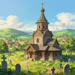 Beautiful detailed high quality illustration of an old Slavic church, vivid small village on background, elegant cemetery on foreground, a lot of Slavic carvings and decor elements::vibrant summer, romantic mood, morning sunlight::art by Ghibli Studio, League of Legends, Arcane, Wild Rift, trending on artstation