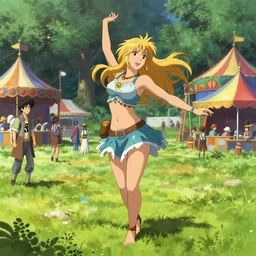 greg manchess concept art of a beautiful blonde cavewoman dancing at the millennial fair from chrono trigger, outdoor fairgrounds, grass, trees, colorful striped pavillions, key visual, ambient lighting, highly detailed, digital painting, trending on artstation, concept art, sharp focus, by makoto shinkai and akihiko yoshida and hidari and wlop