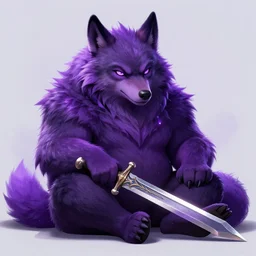 cute handsome cuddly burly surly relaxed calm timid werewolf from van helsing holding a sword unreal engine hyperreallistic render 8k character concept art masterpiece screenshot from the video game the Elder Scrolls V: Skyrim deep vibrant violet purple lavender glowing atmospheric dramatic