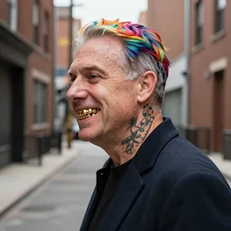 senator mitch mcconnell as a soundcloud rapper with face tattoos and gold teeth and rainbow colored hair, profile portrait in front of urban alleyway