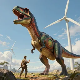 portrait of a dinosaur warrior attacking a wind turbine, digital art, highly detailed, stunning scene, realism, bright colors, trending on artstation, masterpiece, by rembrandt and carel fabritius