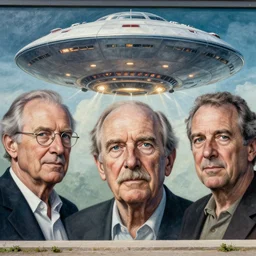 mural of ancient ufo encounter, charles abel corwin, frank lloyd wright, don ivan punchatz, highly detailed, hyper realism, sharp focus, detailed faces