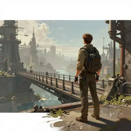 a scene from a video game of a man standing on a bridge looking at a, concept art by senior environment artist, artstation contest winner, sots art, reimagined by industrial light and magic, concept art, artstation hq