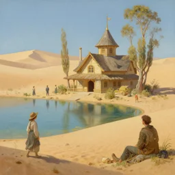A beautiful matte painting of a desert fantasy inn by the lake by Alphonse Mucha, Clyde Caldwell,Brothers Hildebrandt, thomas kincade, trending on artstation
