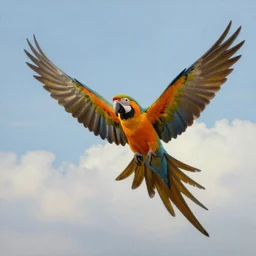 a beautiful realistic painting of a macaw spreading its wings and soaring to the sky, symetrical wings, trending on deviant art