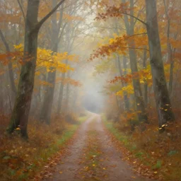 beautiful leonid afremov painting of a foggy forest path on a lovely autumn day. trending on artstation 8k hq