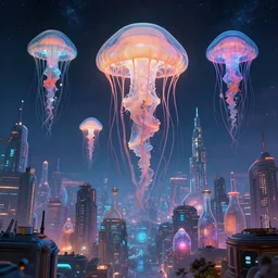 by par olofsson and tristan eaton, visually stunning, cinematic, ultra realistic, hyper realism, 1 2 k, epic, octane render, unreal engine, vfx, maya, what happens when we allow a computer to dream? : one of them dreams got loose again, a city at the edges of the cosmos : jellyfish, color cycling : magnificent bottles, amazing sci - fi city : the power of dreams