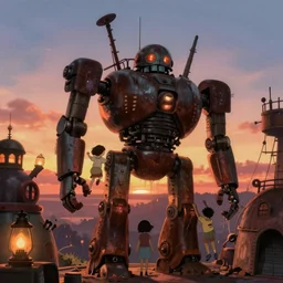memorable animation key shot, anime movie screenshot, backlit kids climbing up the rusty robot submarine schwerer gustav!!!!, sunset, dim lanterns, paint drip, ghibli, funhouse, by satoshikon, nc wyeth, ilya repin