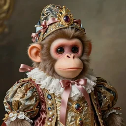 baroque rococo painting Royal Fancy Gnome Hildebrandt Lisa Frank high detail cute adorable whimsical up close simian ape monkey ribbon