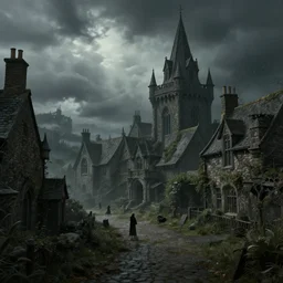 extreme long shot concept art depicted an old english mystic town | art by thornton oakley and darek zabrocki and harvey dunn | dramatic mood, overcast mood, dark fantasy environment | fantasypunk, trending on artstation, unreal engine, hyperreal movie shot