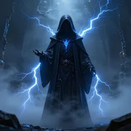 character design, dark arcanist, hood, blue lightning, blue mist, fog, scary, photorealistic, cinematic, hyper realistic, octane render, 8 k, wide angle