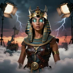dynamic! middle closeup chamber portrait of a biblical diabolical pirate female pharaoh, stylish leather armor, pirate ship! bright glowing eyes, in clouds, strong studio lights, thunder, storm, sunset, by gerald brom, by mikhail vrubel, by peter elson, muted colors, extreme detail, mirrors, trending on artstation, 8 k