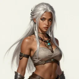 realistic beautiful gorgeous natural cute fantasy badass epic warrior tanned skin tribal girl white blonde silver hair art drawn full HD 4K highest quality in artstyle by professional artists WLOP, Taejune Kim, JeonSeok Lee, ArtGerm, Ross draws, Zeronis, Chengwei Pan on Artstation