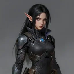 portrait of a female dark elf witch by ayami kojima, she is about 2 0 years old, american, black hair, introvert, she is wearing a modern tactical gear, scifi, highly detailed portrait, digital painting, artstation, concept art, smooth, sharp foccus ilustration, artstation hq