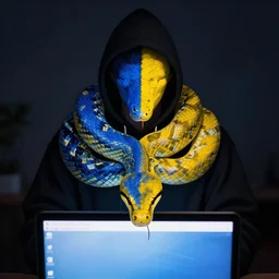 a half - blue half - yellow python wearing a black hoodie, below a laptop screen, dim screen light, dark room, hyperdetailed, art by charlie bowater and greg rutkowski