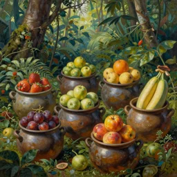 a beautiful painting of pots filled with fruits and food in the jungle, close up, abundance, art by christophe vacher