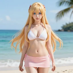 a very beautiful mature yuuki asuna, full body, long wavy blond hair, sky blue eyes, full round face, bikini, miniskirt, front view, mid - shot, highly detailed, cinematic wallpaper by stanley artgerm lau