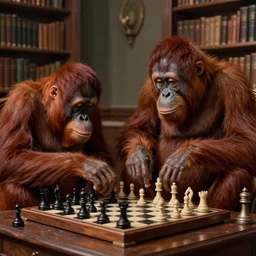 an epic matte painting of two orangutans playing chess in a library, in the style of algernon blackwood, highly detailed digital art, ornatley detailed, photorealistic