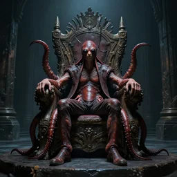 a man with roach tentacles sits on a throne in a gloomy hall