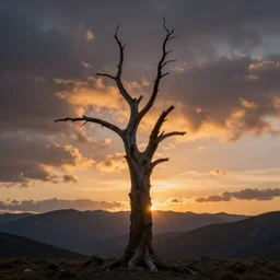 landscape photography by marc adamus, dead tree, sunset, dramatic lighting, mountains, clouds, beautiful