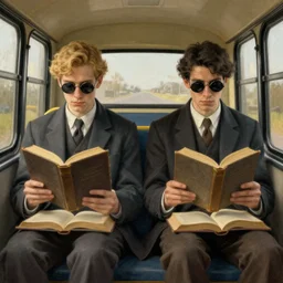 “an idyllic painting of two men sitting on a bus, both reading heavy old books, one is blond, the other dark haired. Wearing monocles!!. In the style of Renee Magritte. Symmetric”
