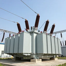 low angle shot of a massive, complex electrical power station made of shiny metal, transformers, powerlines, insulators, volumetric lights, sparks firing, wires glowing, 8 k, ultra realistic, photorealistic, maxwell render, arnold render, golden ratio, night lights