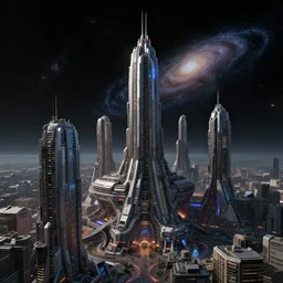 space cities, galaxy, dark background, cyberpunk, detailed, hyper - realistic, by leo varas, gael kerchenbaum, yoji shinkawa art style, octane render