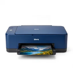 sapphire blue printer, commercial catalog photo, isolated on a pure white background, centered, entire object in frame, sharp focus, soft studio lighting
