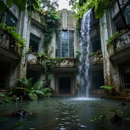 abandoned spa, art deco architecture, vegetation growing, waterfalls inside the building, eerie, dramatic lighting, flooded