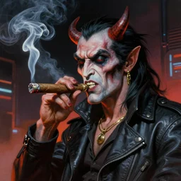 A demon smoking a cigar in a cyberpunk setting, by Frank Frazetta, dramatic lighting, 1980s colours, as trending on Artstation, highly detailed,