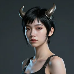 a portrait of a beautiful girl, small horns on her head, short black hair, pixie cut, cyberpunk style, futuristic, realism, wide shot, dramatic lighting, digital art, 8k resolution, high detail, by Boris Vallejo