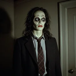 Realistic photograph of a creepy evil mannequin, if it were a real person, accidentally caught on camera in a old house, in the 80's, heavy film grain
