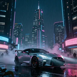 GTR XU1, Futuristic Asian city at night with rain, Cyberpunk style, Neon lights, Matte painting, cinematic lighting, corona render, smoke, light rays, 8k
