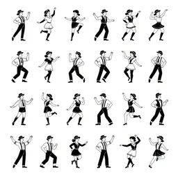 game asset sheet, material study, 2 d sprite, 1 9 0 0 s era characters from california dancing