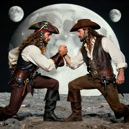pirate arm-wrestle with a cowboy on the moon
