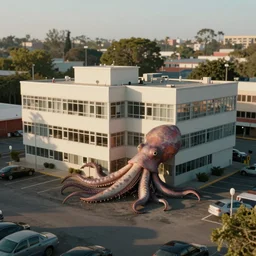 tilt shift image of retro mid century office building parking lot in sunshine giant squid attack